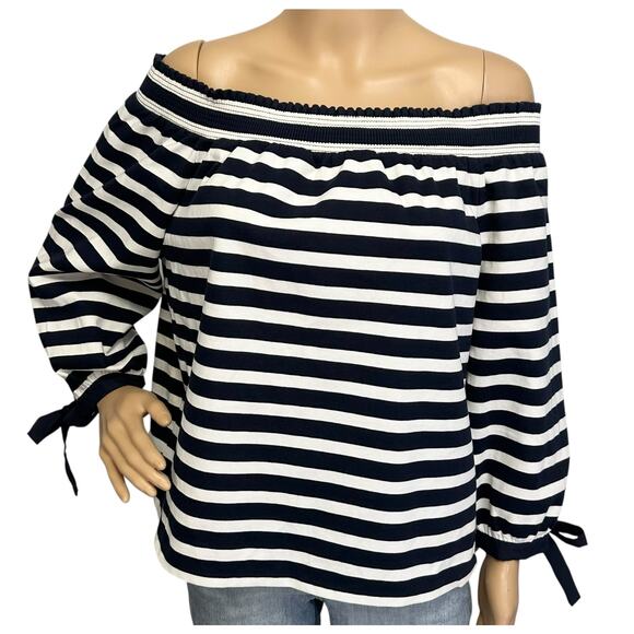 J. Crew Striped Off The Shoulder Top Navy Blue White Bow Sleeve G2549 Size L - Picture 3 of 13